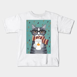 Grey Tabby Autumn Coffee Cat Kids T-Shirt